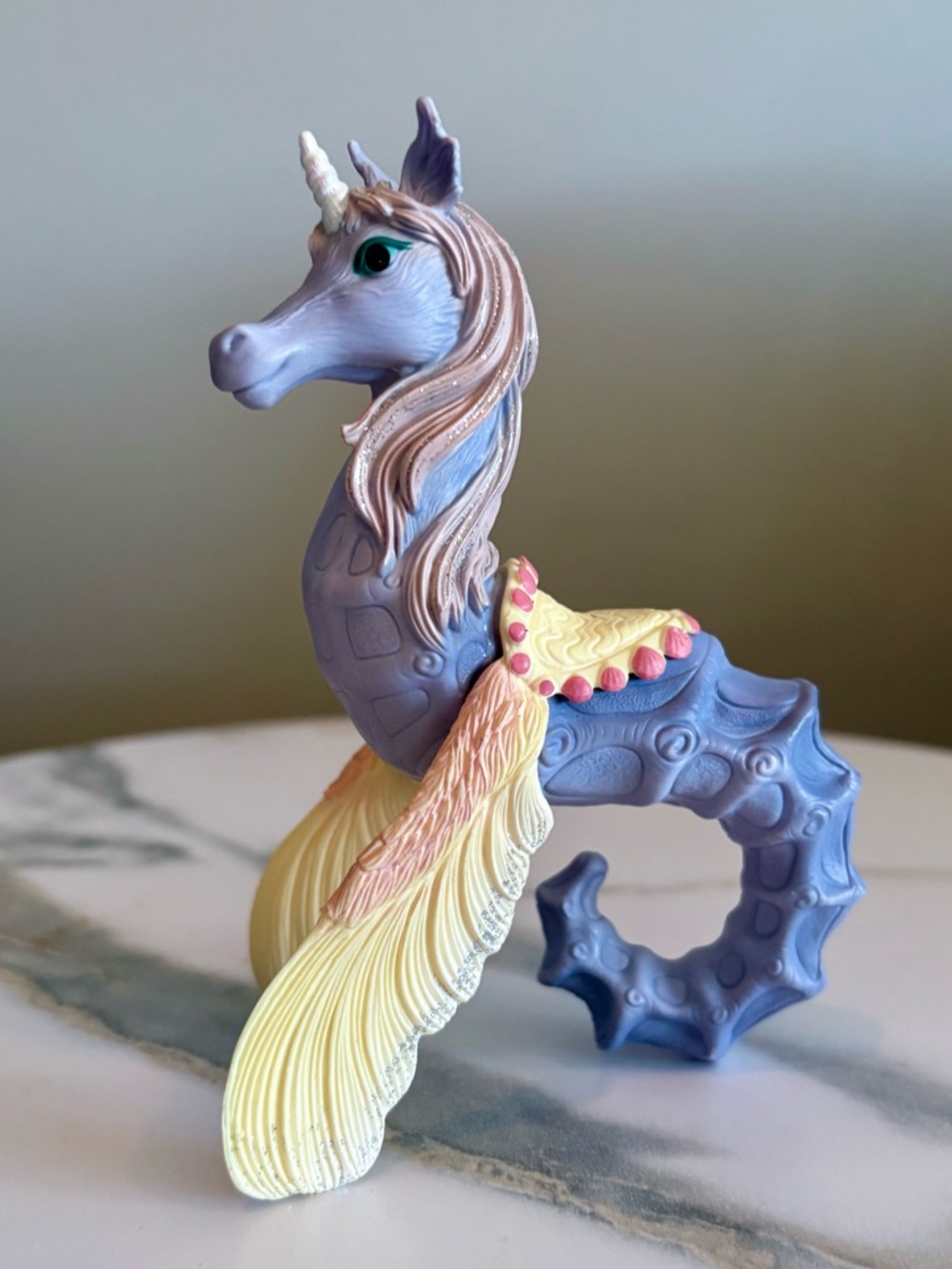 Lavender Mythical Unicorn-Seahorse Figurine with Pale Yellow Fins